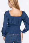 Long Slv Smocking Woven Top