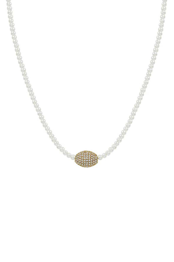 Oval Rhinestone Pendant Pearl Bead Necklace