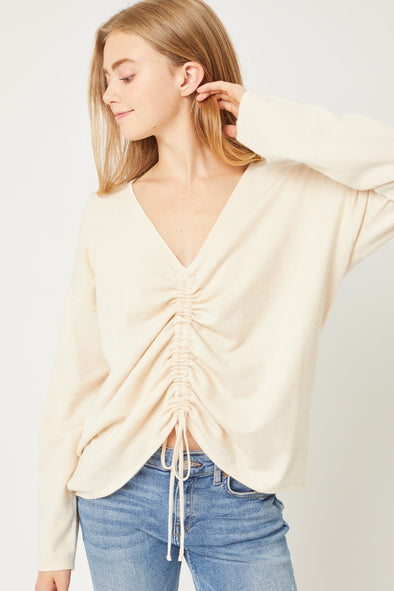 A V-neckline Drawstring Ruched Top