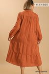 Textured Long Sleeve Collar Split Neck Tiered Maxi Dress