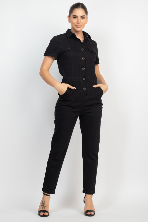 Collared Button-front Jumpsuit