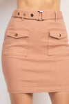 Belted Pocket Solid Mini Skirt