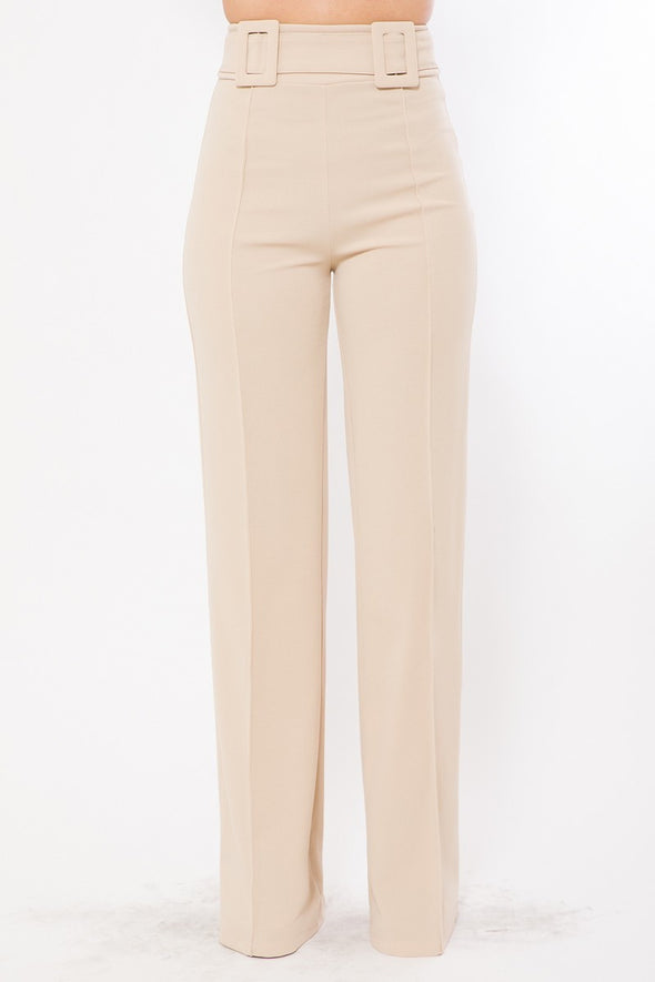 High Waist Pants With Self Fabric Buckle Detail On The Waist