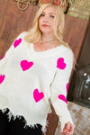 Neon Fuchsia Heart Print Distressed V Neck Long Sleeve Sweater