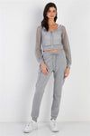 Heather Grey Contrast Fishnet Zip-up Top & Pants Set