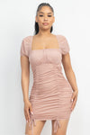 Ruched Square Neck Mesh Sleeve Dress