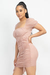 Ruched Square Neck Mesh Sleeve Dress