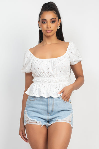 Puff Sleeve Eyelet Peplum Top