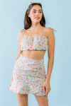 Mint Fuchsia Print Cotton Sleeveless Strappy Crop Top & High Waist Wrap Hem Mini Skirt Set