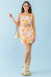 Ivory & Orange Floral Print Textured Square Neck Strappy Open Back Crop Top & High Waist Mini Skirt Set