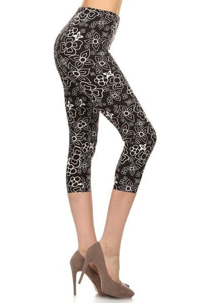 Multi-color Print, Cropped Capri Leggings In A Fitted Style With A Banded High Waist.